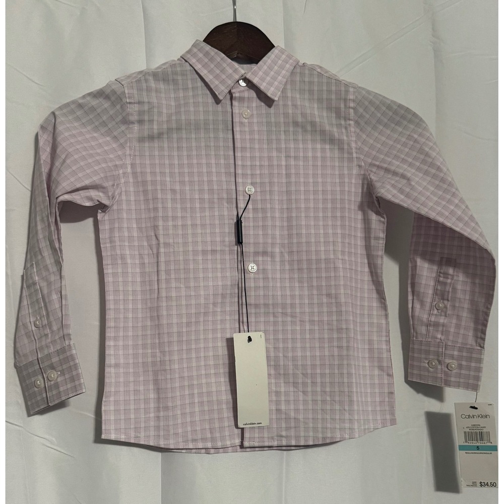 Calvin Klein Boys Dress Shirt Pink White Plaid Button Down Size 5‎ Formal